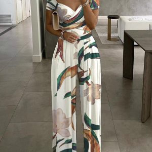Plants Print Sweetheart Neck Short Sleeve Overalls Causal Ruched Wide Leg Jumpsuit, women Jumpsuits, ChicMe catalog