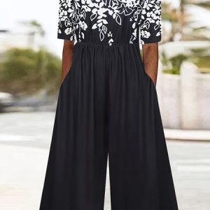 Women's Gradient Pattern V Neck Half Sleeve Vintage Summer Jumpsuit, JustFashionNow Jumpsuits＆Rompers, color:Black|size:4XL,