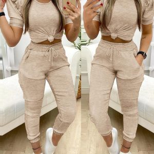 2 Piece Round Neck Short Sleeve Top Drawstring Shirred Pants with Pocket Casual Pants Set, women Two-piece Sets, ChicMe catalog