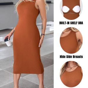 ChicMe ShapeSculpt Shapewear Built-in Bra Tank Bodycon Dress Sleeveless Crew Neck Slim Casual Ribbed Mid-calf Dress, women Bodycon Dresses, ChicMe catalog