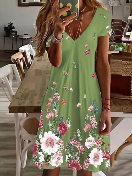 Women's Floral Spring Print Casual V-Neck Short Sleeve Dress, Dresses, Lilicloth.com - Image 6