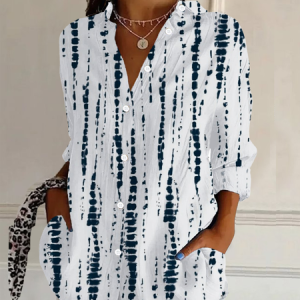 Women's Striped Long Sleeve Shirt Spring/Fall Buckle Shirt Collar Daily Casual Top, JustFashionNow Shirts, color:White|size:XXL,