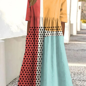 Women Color Block Crew Neck Short Sleeve Comfy Casual Maxi Dress, Dresses, color:As Picture|size:4XL, catalog Noracora shop