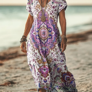 Women's Short Sleeve Summer Floral Printing Dress V Neck Daily Going Out Casual Maxi T-Shirt Dress H-Line Dress, JustFashionNow Casual Dresses, color:Purple|size:3XL,