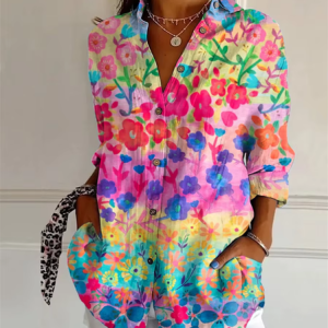 Women Floral Long Sleeve Shirt Spring/Fall Shirt Collar Daily Vintage Top, JustFashionNow Blouses, color:As Picture|size:XXL,