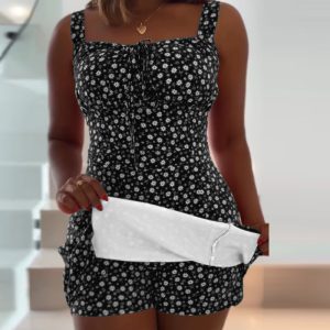 Floral Print Lace-up Square Neck Spaghetti Strap Romper Casual Shirred Split Dress Jumpsuit, women Rompers, ChicMe catalog