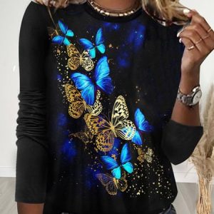 Women's Long Sleeve Tee T-shirt Spring/Fall Butterfly Jersey Crew Neck Daily Going Out Casual Top, JustFashionNow T-Shirts, color:Black|size:XXL,