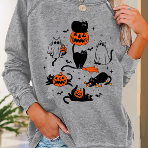 Cute Halloween Ghost Boo Cat Casual Sweatshirt, Hoodies&Sweatshirts, Lilicloth.com