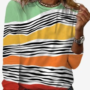 Women's Long Sleeve Tee T-shirt Spring/Fall Striped Jersey Crew Neck Daily Going Out Casual Top, JustFashionNow T-Shirts, color:Orange|size:XXL,