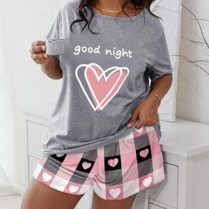 Plus Size Good Night Plaid Heart Print Pajamas Set, women Loungewear, ChicMe catalog