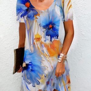 Women Floral Short Sleeve Summer Dress Crew Neck Daily Casual Mini Tunic H-Line Dress, JustFashionNow Dresses, color:Blue|size:XXL,