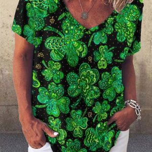 Women's Shamrock Short Sleeve Tee T-shirt V Neck Casual Summer Top, JustFashionNow T-Shirts, color:As Picture|size:3XL,