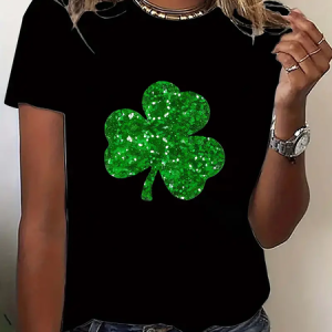 Women's Shamrock Short Sleeve Tee T-shirt Crew Neck Printing Casual Summer Graphic Tee Top, JustFashionNow T-Shirts, color:Black|size:XXL