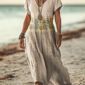 Women's Floral Short Sleeve Summer Printing Dress V Neck Daily Casual Maxi T-Shirt Dress H-Line Dress, JustFashionNow Casual Dresses, color:Apricot|size:4XL,