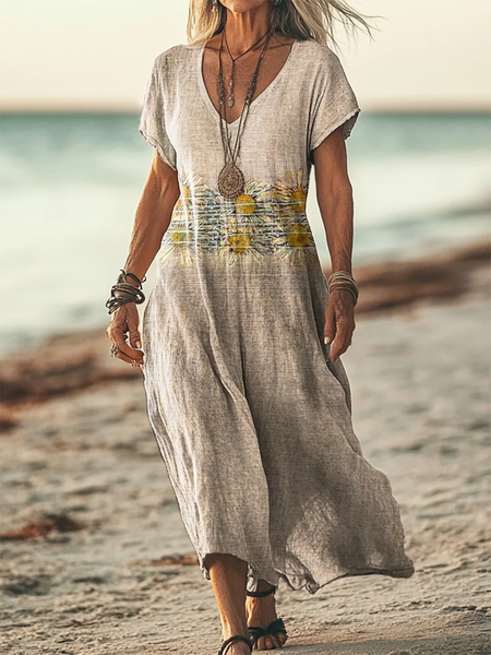 Women's Short Sleeve Summer Apricot Floral Printing V Neck Daily Going Out Casual Maxi H-Line T-Shirt Dress Dress, Dresses, Lilicloth.com