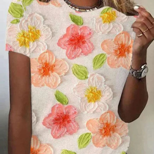Women's Short Sleeve Tee T-shirt Summer Floral Jersey Crew Neck Daily Going Out Casual Top, JustFashionNow T-Shirts, color:Pink|size:4XL,