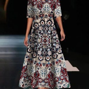 Women's Short Sleeve Summer Ethnic Dress V Neck Daily Going Out Casual Maxi A-Line, JustFashionNow Dresses, color:Wine Red|size:XXL,