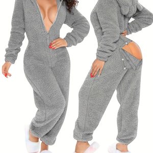 Functional Back Buttoned Flap Fluffy Lounge Jumpsuit Casual Zip Up 3D Ears Hoodie Onesie, women Pajama Rompers & Jumpsuits, ChicMe catalog