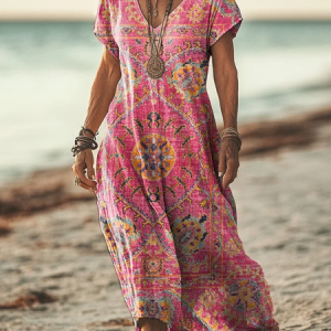 Women's Short Sleeve Summer Floral Printing Dress V Neck Daily Going Out Casual Maxi T-Shirt Dress H-Line Dress, JustFashionNow Casual Dresses, color:Pink|size:3XL,