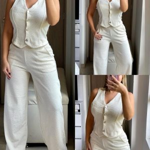 Solid Textured Fabric V-Neck Button-down Vest and Long Pants Set Casual Suit Sets, women Two-piece Sets, ChicMe catalog