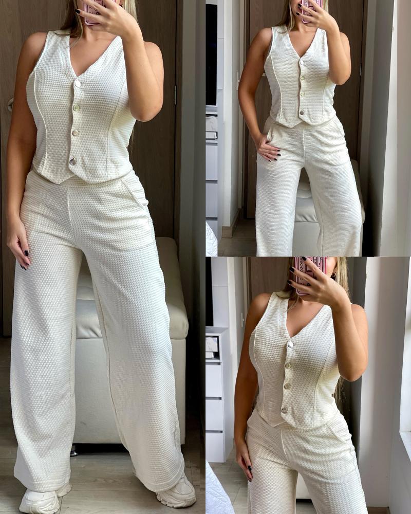 Solid Textured Fabric V-Neck Button-down Vest and Long Pants Set Casual Suit Sets, women Two-piece Sets, ChicMe catalog