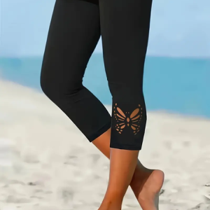 Women's Butterfly Capris Elastic Waist Pant Casual Summer Trousers, JustFashionNow Leggings, color:Black|size:XXL