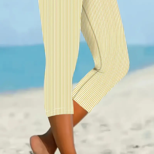 Women's Striped Capris Elastic Waist Pant Casual Summer Trousers, JustFashionNow Leggings, color:Yellow|size:XXL,