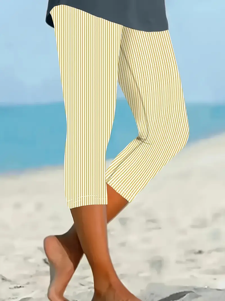 Women's Striped Capris Elastic Waist Pant Casual Summer Trousers, JustFashionNow Leggings, color:Yellow|size:XXL,