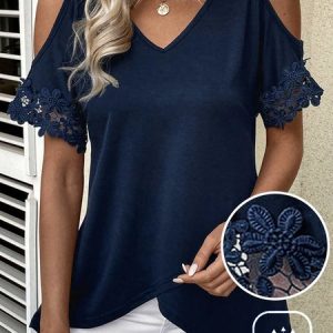 Women's Short Sleeve Tee T-shirt Summer Plain Lace V Neck Casual Top, JustFashionNow T-Shirts, color:Blue|size:XXL,
