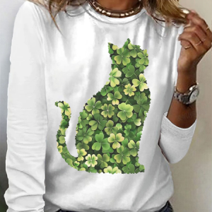Women's Cat Shamrock Long Sleeve Tee T-shirt Crew Neck Printing Casual Spring/Fall Graphic Tee Top, JustFashionNow T-Shirts, color:White|size:XXL
