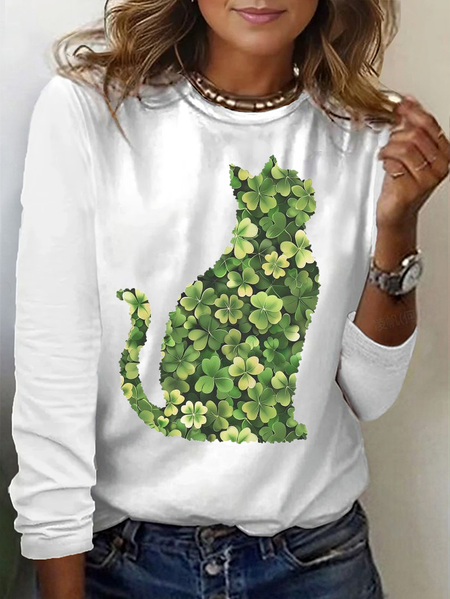 Women's Cat Shamrock Long Sleeve Tee T-shirt Crew Neck Printing Casual Spring/Fall Graphic Tee Top, JustFashionNow T-Shirts, color:White|size:XXL,