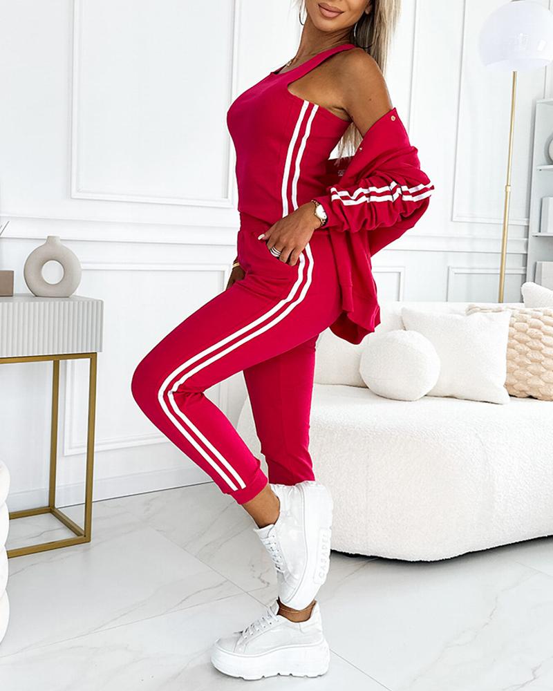 2PCS Striped Tape Patch Tank Top & Cuffed Pants Set Tracksuit Sets, women Two-piece Sets, ChicMe catalog