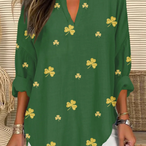 Women's Shamrock Long Sleeve Shirt Spring/Fall V Neck Daily Casual Top, JustFashionNow Blouses, color:Green|size:5XL,