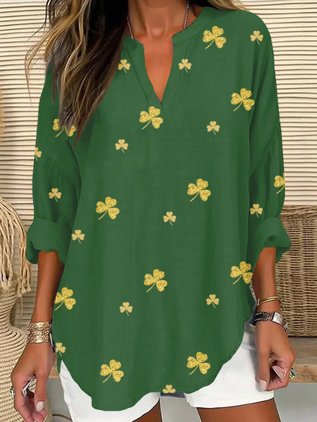 Women's Shamrock Long Sleeve Shirt Spring/Fall V Neck Daily Casual Top, JustFashionNow Blouses, color:Green|size:5XL,