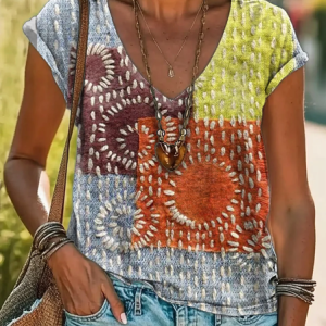 Women's Geometric Spring Print Casual V-Neck Short Sleeve T-Shirt, T-shirts, Lilicloth.com