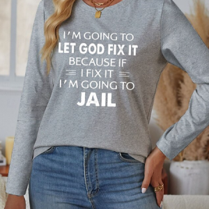 Women's Long Sleeve Tee T-shirt Spring/Fall Text Letters Jersey Crew Neck Daily Going Out Casual Top, JustFashionNow T-Shirts, color:Gray|size:XXL,