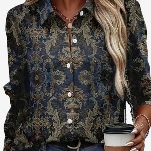 Women's Long Sleeve Shirt Spring/Fall Ethnic Shirt Collar Daily Going Out Casual Top, JustFashionNow Shirts, color:Black|size:XXL,