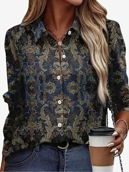 Women's Long Sleeve Shirt Spring/Fall Ethnic Shirt Collar Daily Going Out Casual Top, JustFashionNow Shirts, color:Black|size:XXL,