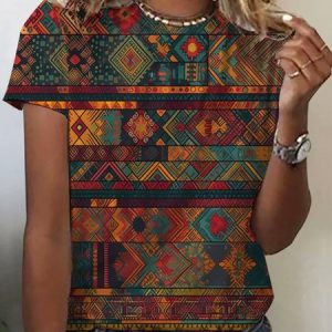 Women's Short Sleeve Tee T-shirt Summer Ethnic Crew Neck Casual Top, JustFashionNow T-Shirts, color:As Picture|size:XXL,