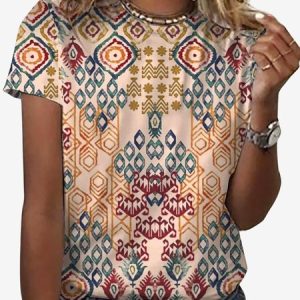 Women's Short Sleeve Tee T-shirt Summer Ethnic Jersey Crew Neck Holiday Going Out Casual Top, JustFashionNow T-Shirts, color:Apricot|size:XXL,