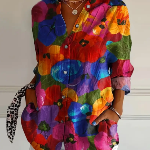 Women's Floral Long Sleeve Shirt Spring/Fall Buckle Shirt Collar Daily Casual Top, JustFashionNow Shirts, color:As Picture|size:XXL,