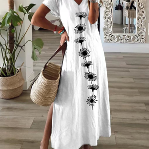 Women Floral Short Sleeve Summer Printing Dress V Neck Daily Casual Maxi X-Line Dress, JustFashionNow Casual Dresses, color:White|size:3XL,