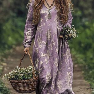 Women's Long Sleeve Spring/Fall Floral Jersey Dress V Neck Daily Going Out Casual Maxi A-Line T-Shirt Dress, JustFashionNow Dresses, color:Purple|size:XXL,
