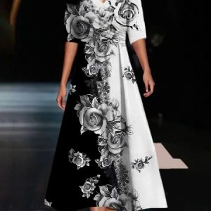 Women's Short Sleeve Summer Floral Dress V Neck Daily Going Out Casual Maxi A-Line, JustFashionNow Dresses, color:Black-white|size:XXL,