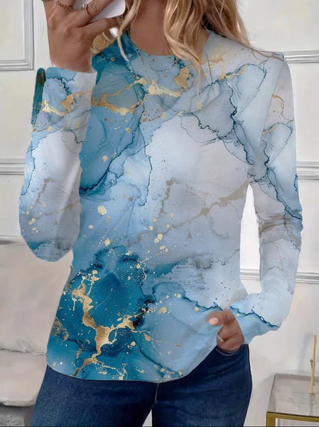 Women's Abstract Long Sleeve Tee T-shirt Crew Neck Printing Casual Spring/Fall Top, JustFashionNow T-Shirts, color:Blue|size:XXL,