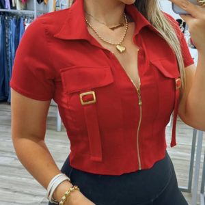 Turn-down Collar Front Zipper Short Sleeve Top Casual Cargo Pocket Design Blouse Casual Top, women Blouses & Shirts, ChicMe catalog
