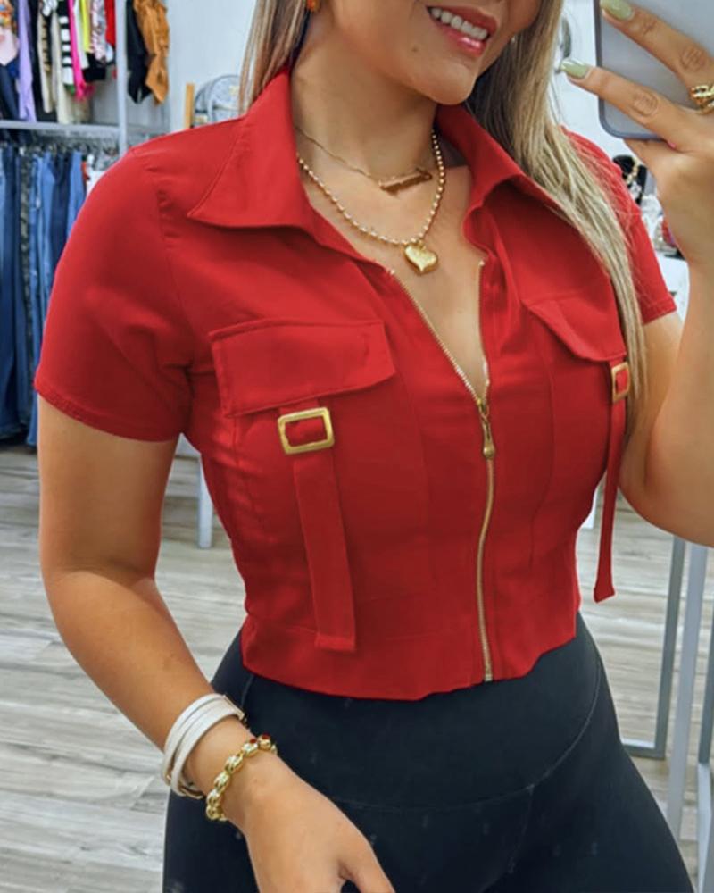 Turn-down Collar Front Zipper Short Sleeve Top Casual Cargo Pocket Design Blouse Casual Top, women Blouses & Shirts, ChicMe catalog