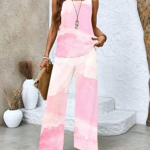 Women's Ombre Printing Two-Piece Set Daily Sleeveless Casual Summer Top With Pants Matching Set, JustFashionNow Suit Set, color:Pink|size:XXL,