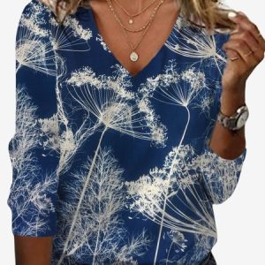 Women's Long Sleeve Tee T-shirt Spring/Fall Floral Jersey V Neck Daily Going Out Casual Top, JustFashionNow T-Shirts, color:Deep Blue|size:XXL,