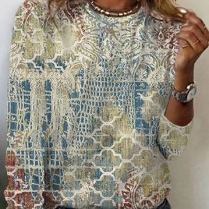 Women's Long Sleeve Tee T-shirt Spring/Fall Ethnic Jersey Crew Neck Daily Going Out Casual Top, JustFashionNow T-Shirts, color:Apricot|size:XXL